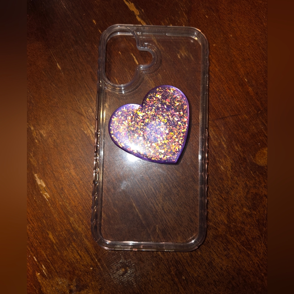 Clear Iphone 16 Case W/ Heart Popsocket